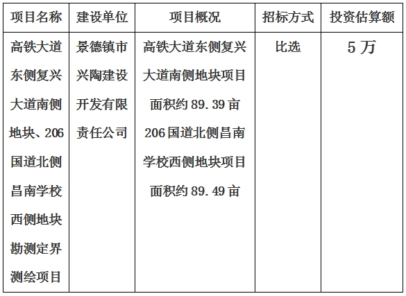 景德鎮市高鐵大道東側復興大道南側地塊、206國道北側昌南學校西側地塊勘測定界測繪項目計劃公告