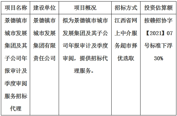 景德鎮市城市發展集團及其子公司年報審計及季度審閱服務招標代理計劃公告