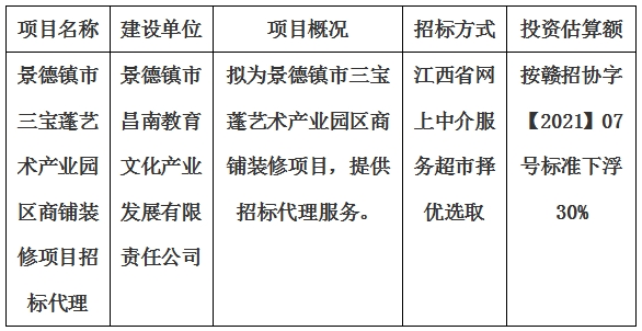 景德鎮市三寶蓬藝術產業園區商鋪裝修項目招標代理計劃公告　